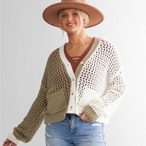 Willow Root Two-Tone Open Knit Cardigan Sweater Crochet Boho Medium